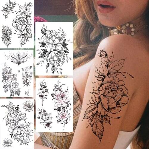 Transferable Fake Peony Temporary Tattoos For Women Girls Carnations Lotus Flower Tattoo Sticker Black Flora Sexy Tatoos Paste
