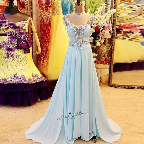 Baby Blue Luxury Rhinestones Evening Dress 2018 Formal Special Occasion Gown Chiffon Long Crystal Prom Dresses Sexy Abendkleider
