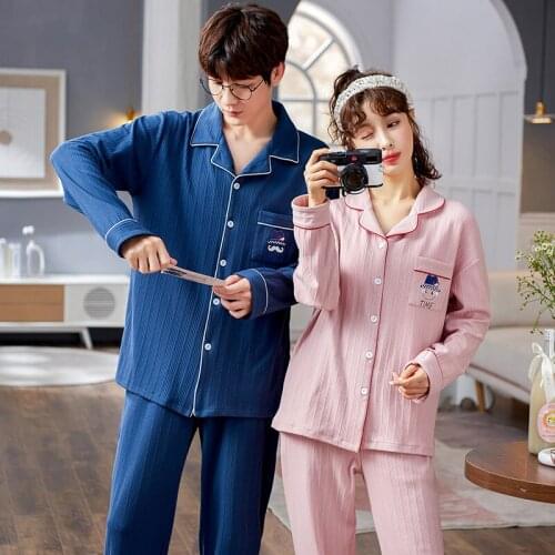 Cute Pink Womens Pajamas Set Luxury Fashion Blue Turn-down Collar Men Sleepwear Cotton Couple Homewear Cartoon Couples Pajamas