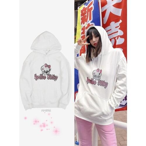 Rhinestone Skull Gothic OverSized hoodie Long sleeve Black Hoodie Y2k top Kawaii Womens Sweatshirt Harajuku Punk Grunge clothes