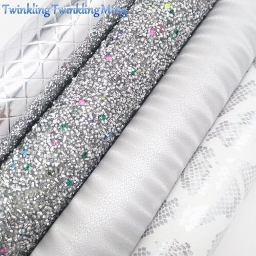 SILVER Glitter Fabric, Snake Faux Leather Fabric, Plaids Patent Synthetic Leather Sheets For Bow A4 8"x11" Twinkling Ming XM256