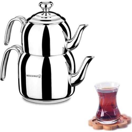 Stainless Steel Turkish Teapot 2.3 Liter Double Kettle Family Size Tea Maker Set 18/10 Cr-Ni Water heating Tools Korkmaz Teapot