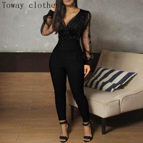 Party Jumpsuit Glitter Semi Sheer Mesh Bodycon Long Sleeve Women Skinny Casual Solid Romper