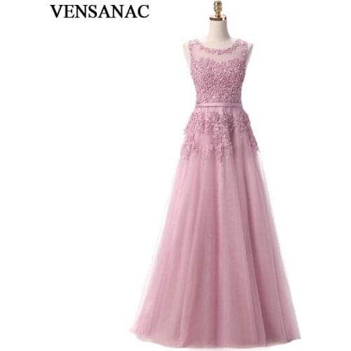 VENSANAC 2017 New A Line Lace Appliques O Neck Long Evening Dresses Elegant Sleeveless Beadings Sash Tank Party Prom Gowns