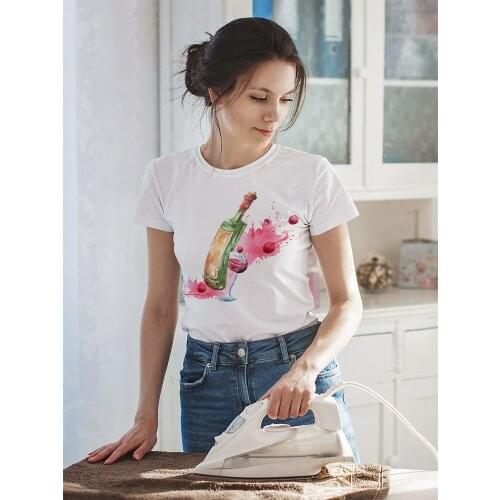 Wine Glass Aesthetic Women T Shirt Flowered Wine Printed Versatile T-shirt Breathable Vogue Animation Beautiful O-Neck Tshirt