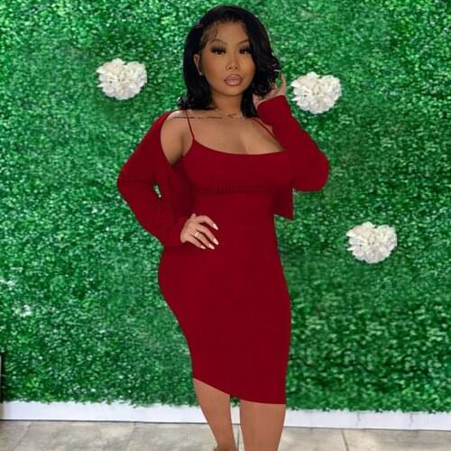 Women Ribbed Clothes Solid Color Long Sleeve Cardigan+Spaghetti Strap Bodycon Midi Dress Two Piece Set 2021Autumn Casual Fashion