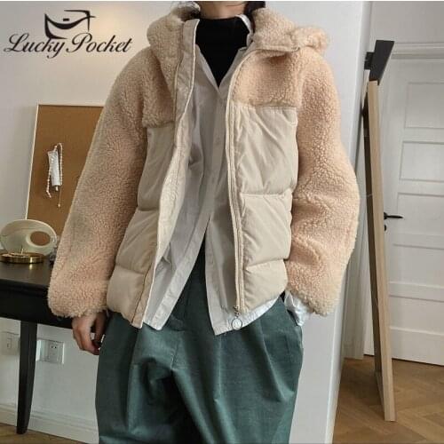 Women Winter Fashion Loose Casual Hit Color Hooded Warm Down Jacket Female Lamb Wool Thick New Parkas Ladies Black Coats ML507