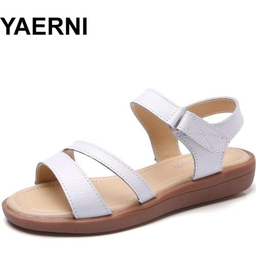 YAERNI Women Non-Slip Flat 2018 Summer New Leather Soft Sandals Female Students Solid White Casual Flat Shoes Ladies Sandals