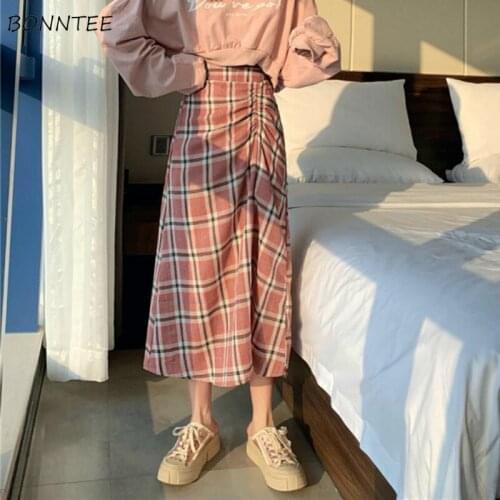 Skirts Women Ins Plaid Pink Casual Fashion A-Line Empire Popular Ankle-Length Daily Design Drape BF Style Aesthetic Lovely Teens