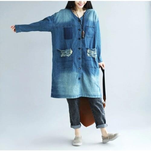 Women loose V-neck denim Trench coat Printing washed long Jean Overcoat original design big yards Windbreaker outerwear YT4114