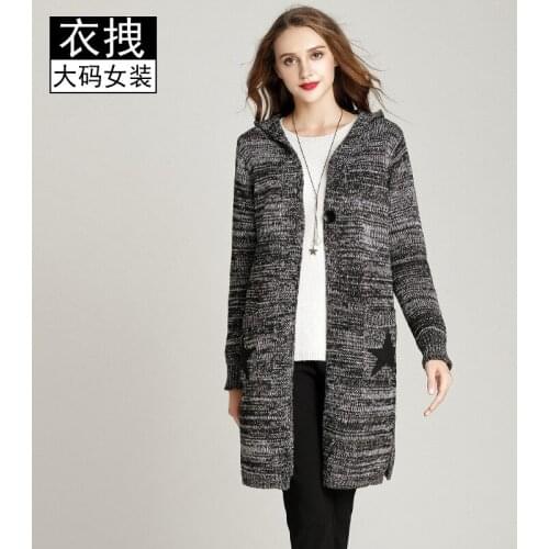 Big size lady sweater coat 2017 winter show slim fat mm medium long knitting Hooded cardigan 100 kg