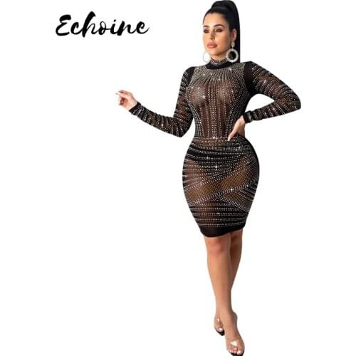 Women Autumn Spring Black Dress Full Sleeve Mesh See Through Hot Drilling Sexy Club Night Party Bandage Bodycon Mini Dresses XL