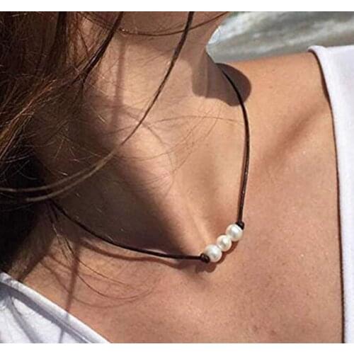 New Boho Ethnic Vsco Girl Choker Necklace Women Simple Black Cotton Cord Rope Necklaces Imitation Pearl Pendant Necklace Colar