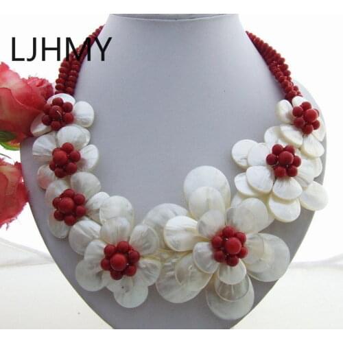 LJHMY 18" White Shell Flower Coral Red Crystal Statement Necklace Women Wedding Party Necklace Gift