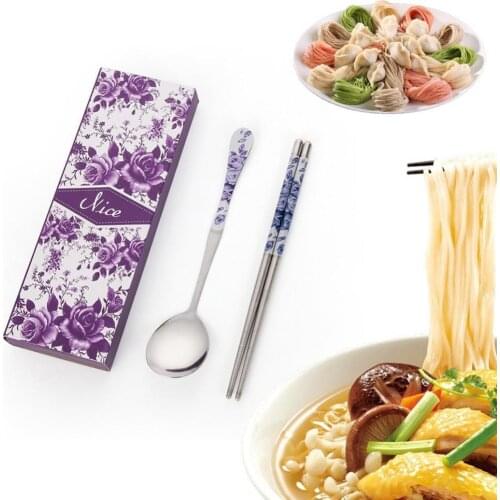 55% Dropshipping!!2Pcs/Set Outdoor portable stainless steel spoon chopsticks cutlery with box