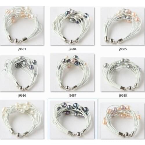 8" 13mm 15row white pink purple gray black Assorted pearls beads Strand white leather bracelet j9692