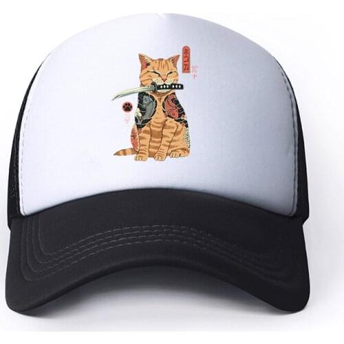 90s Japanese Anime Cat Casual Plain Mesh Baseball Cap Adjustable Snapback Hats for Women Men Hip Hop Trucker Cap