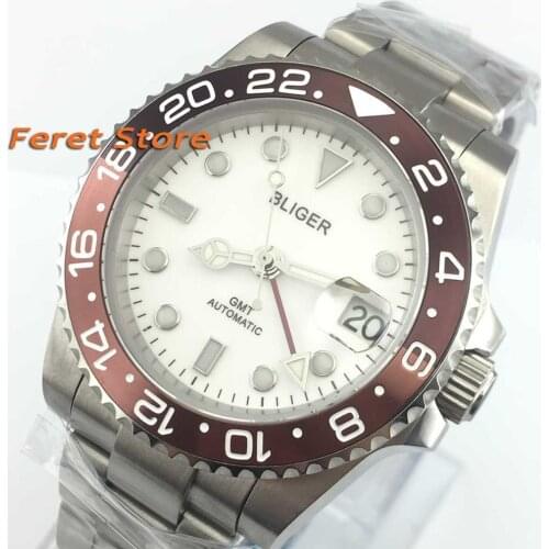 Bliger 40mm brown Bezel white dial luminous saphire glass Red GMT pointer Automatic movement mens watch