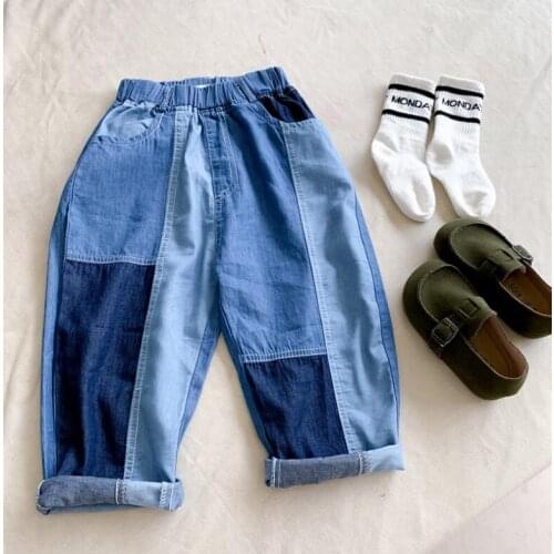 2021 New Girls Boys Denim Patchwork Long Pants Autumn Cotton Fashion Kids Pants 2-7t CO941