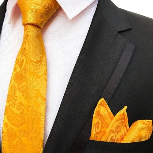 GUSLESON Fashion 8cm Silk Print Necktie Pocket Square Set Black Yellow For Men`s Business Wedding Party Gift Formal occasion