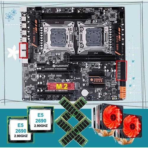 HUANANZHI X79-4D Dual Socket Motherboard Bundle M.2 NVMe SSD Slot 2 CPU Intel Xeon E5 2690 with Coolers RAM 64G(4*16G) REG ECC