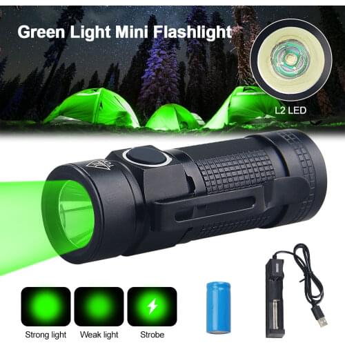 Green Light Mini LED Tatical Flashlight Portable Hiking Tiny 3Modes Torch Lantern with Cilp +16340+USB Charger+Protection Box