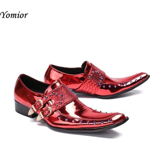 Yomior High Quality Square Toe Genuine Leather Men Casual Shoes Formal Business Dress Red Oxfords Sexy Rivet Wedding Shoes