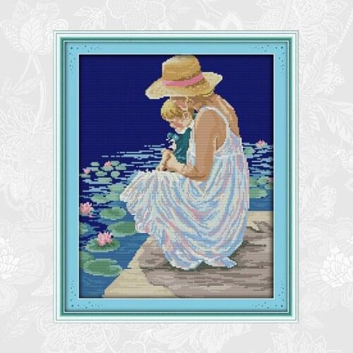 Mother and son watching fish Chinese Cross-stitch kits DMC 14CT 11CT Printed Fabric Needlework Embroidery Painting Wholesale