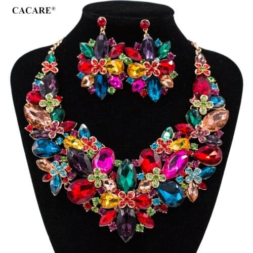 Vintage Jewelry Sets Women Big Necklace Earring Set Dubai Gold Indian Jewellery F1085 Rhinestone Party Jewels 4 Colors CACARE
