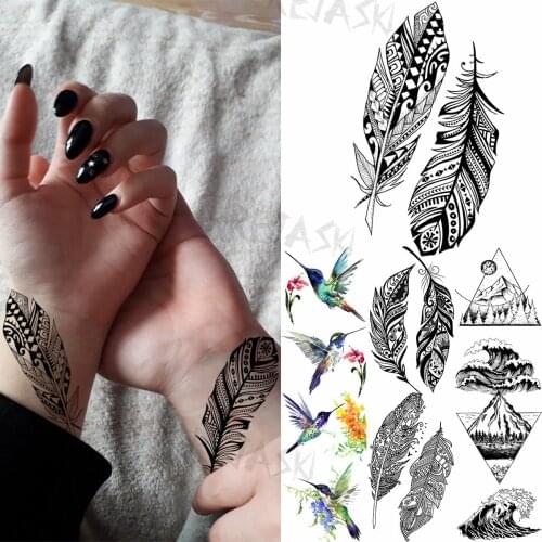 Henna Feather wrist fashion Temporary Tattoos For Women Adult Hummingbird mountain sea Fake Tattoo Body art washable Tatoos