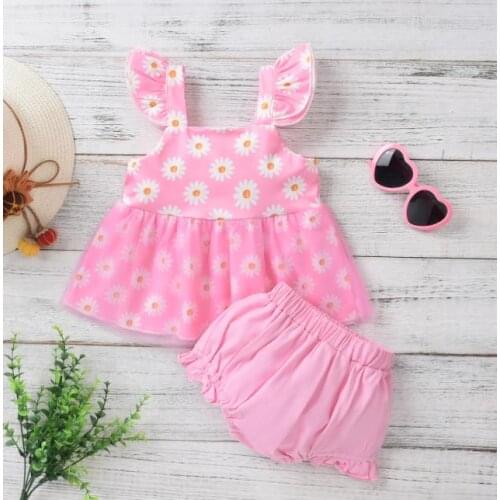 Pudcoco 2Pcs Sweet Style Baby Girls Outfit, Summer Children Floral Printing Mesh Splicing Hem Fly Sleeve Tops + Lace Shorts Set