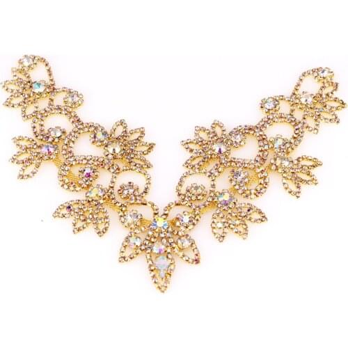Luxury Flashing Gold AB Crystal Neckline Sew-on Rhinestone Adornment Applique for Women Wedding Evening Dress Embellishment