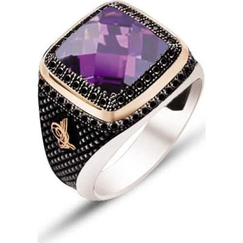 Silver Amethyst Cubic Zirconia Zircon Embellishment Men 'S Ring