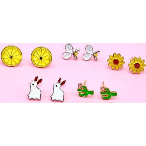 Cute Cartoon Rabbit Butterfly Cactus Chrysanthemum Orange Metal Stud Earrings Fashion Charm Earrings Female Trendy Jewelry Gift
