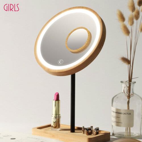 LED Wooden Desktop Makeup Mirror 3X Magnifying USB Charging Adjustable Bright Diffused Light Touch Screen Beauty Mirrors