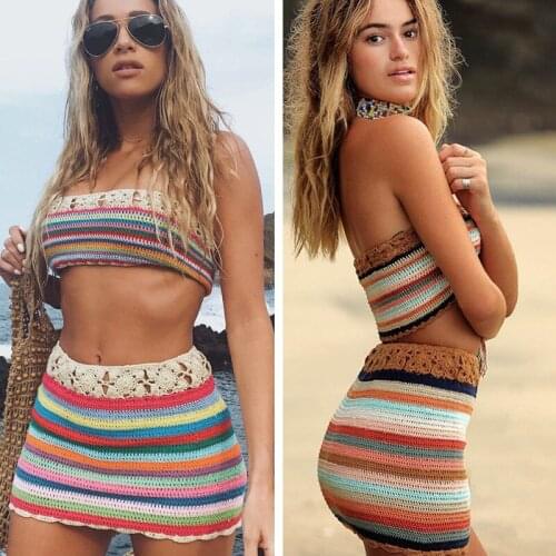 2-piece Crochet Beach Dress Bohemian Wind Sexy Swimsuit Web Celebrity with A Recreational Beach Swimsuit Strip Bikini Cover Up