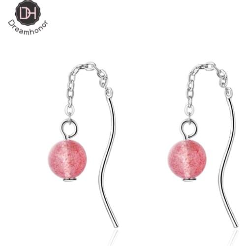 Dreamhonor 925 Sterling Silver Strawberry Quartz Drop Earrings 2021 Fashion Women Long Earrings Summer Jewelry Girls Party Gift