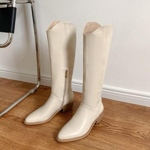 2020 Women Beige High Heels Wedges Long Boots Lady Riding Cowboy Boots Designer Pointed Toe Knee Thigh High Boots Big size 31-46