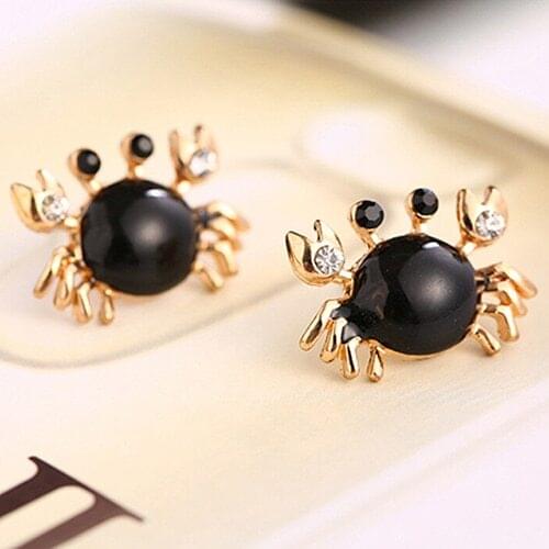 Women Sea Life Crab Rhinestones Ear Studs Golden Alloy Fashion Earrings Jewelry
