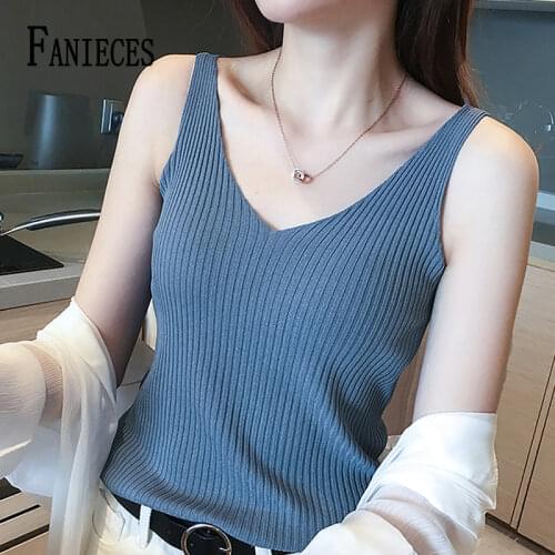 Basic knitting Tank Tops Women Solid yellow White Black V-neck Summer knited Streetwear Sleeveless Sexy Tops Woman топ женский