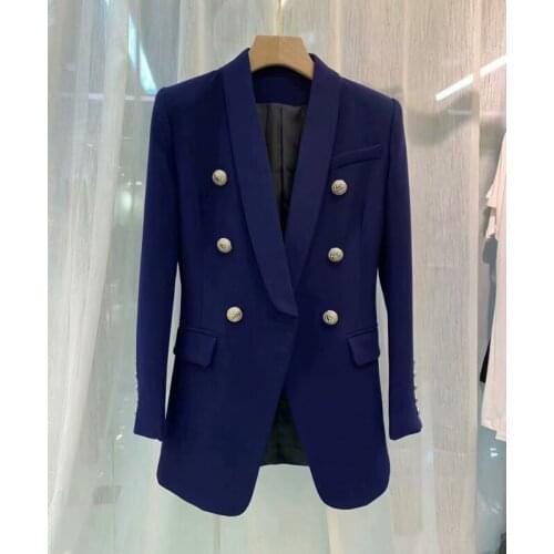 2021 Autumn Winter 11.8 New silver buckle slim shawl collar navy blue blazer women