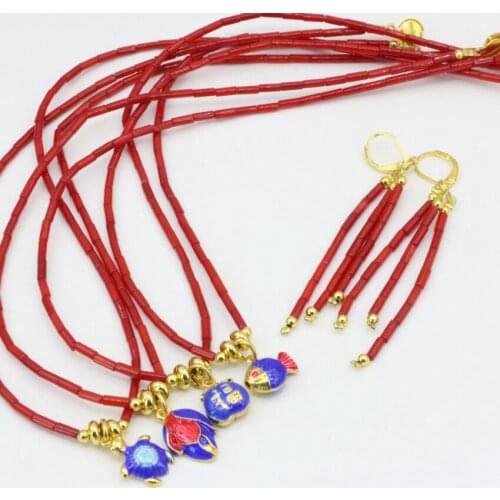 4 style natural coral red tube 2*7mm beads necklace earrings jewelry set gold-color cloisonne pendant chain 18inch B3241