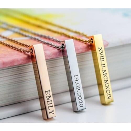Shiny Stainless Steel Custom Name Bar Pendant Necklaces 3 Color Personalized 4 Sides Engraving Vertical Tags For Women/Men Gift