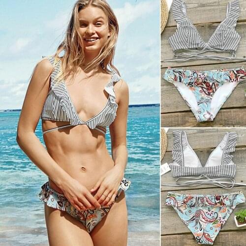 2019 New Style Hot Fashion Women Swimwear Striped Ruffles Push-up Bandage Bra Two-Piece Suits Bathing Swimsuit
