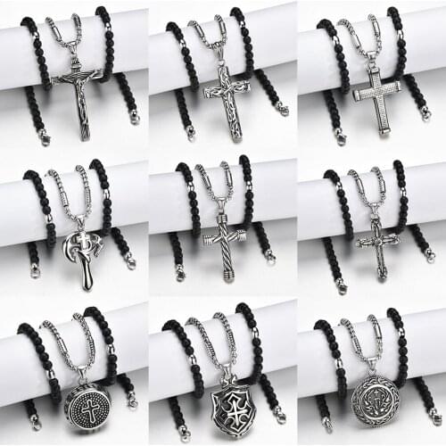 316L Stainless Steel Cross Pendant Necklace With Black Beads Chain Necklace Christian Lucky Christian Jewelry