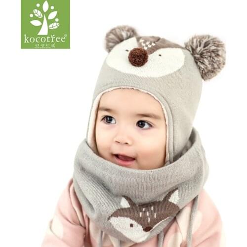 Kocotree 2pcs/lot Children Winter Hat And Scarf Autumn Kids Boys Girls Animal Fox Knitted Cap Skullies Beanies Circle Scarf