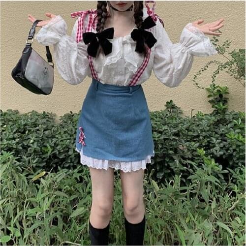 Strap denim skirt female Japanese preppy style sweet and cute lace skirt ulzzang Harajuku high waist casual skirt