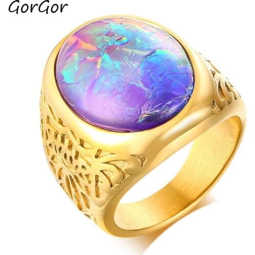 GorGor 2020 New Arrivals Stainless Steel Opal Stone Casting Golden Trend Ring for Fashion Men Simple Jewelry Gift RC-431
