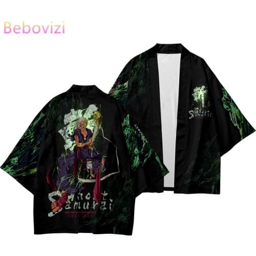 Japanese Cartoon Demon Slayer Samurai Style Set Fashion Kimono Beach Harajuku Men Women Black Cardigan Haori Obi Asian Pant Suit