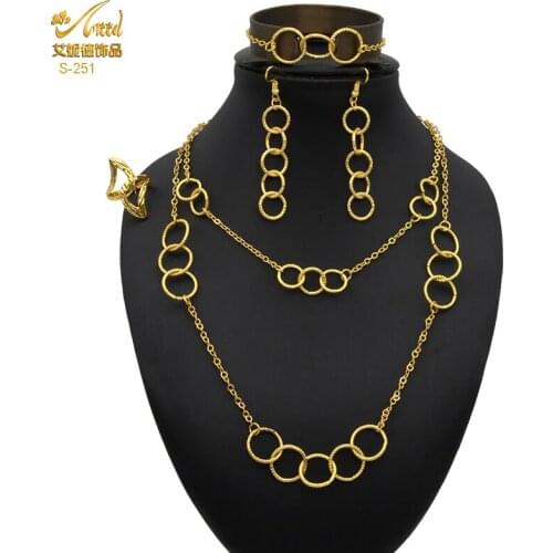 Necklace Sets For Women African Gold Plated Jewelry Round Fashion Necklaces Bracelet Earring Ring Set Indian Wedding Bride Gift